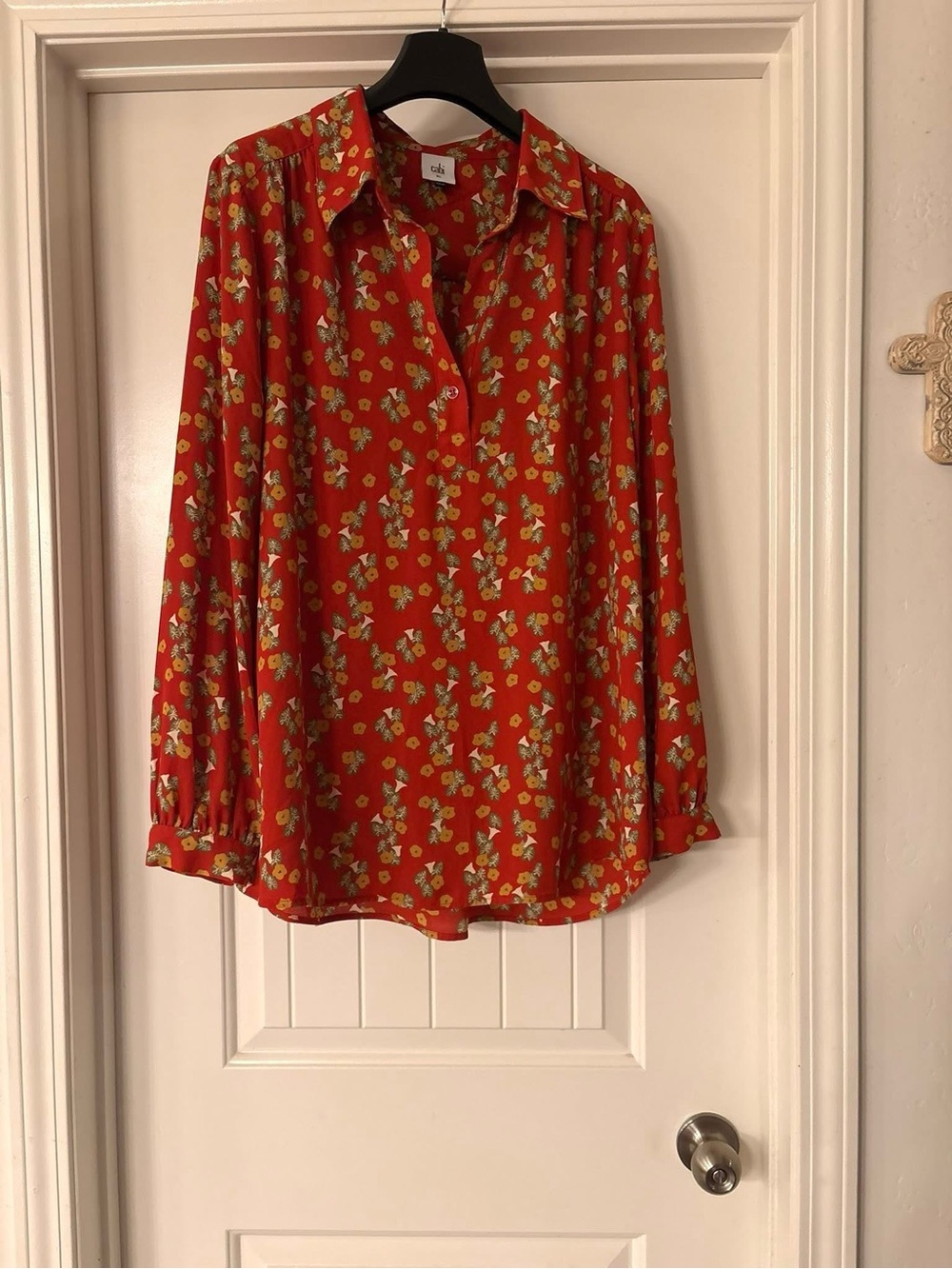 CAbi Red Floral Button-Front Long-Sleeve Blouse